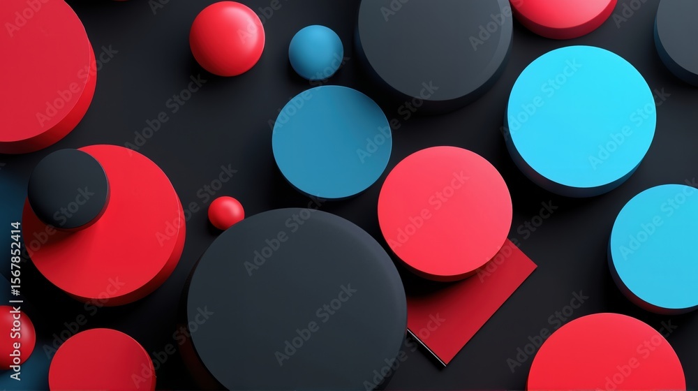 Poster red and blue geometric spheres and cylinders on a dark background. abstract 3d shape composition. mo