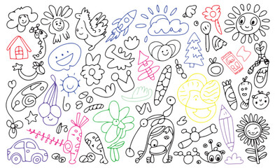 Pattern with summer beach. Seamless doodle sea summer pattern. Kid beach icon background with sun cloud palm pineapple sea wave. Cute hand drawn kid sketch