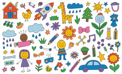 Naklejka premium Cute kid crayon hand drawn icon background. Summer children pencil bg. Cute school sketch. Color cloud house, flower, rainbow sun, cat. Vector kid pencil illustration. Cute crayon child doodle pattern