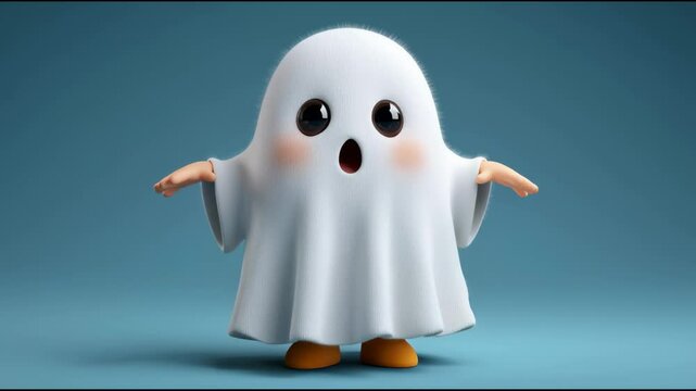Cute ghost costume with big eyes and small hands wearing orange shoes, playful cartoon character spreading arms wide with open mouth on blue background, adorable friendly ghost character