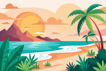Tropical Beach Sunset with Palm Trees and Ocean Waves – Vibrant Vector Illustration