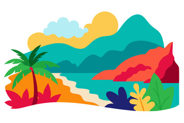 Tropical Beach Sunset with Palm Trees and Ocean Waves &ndash; Vibrant Vector Illustration