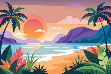 Tropical Beach Sunset with Palm Trees and Ocean Waves – Vibrant Vector Illustration