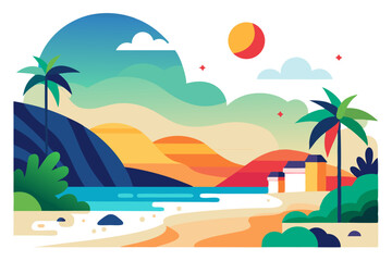 Tropical Beach Sunset with Palm Trees and Ocean Waves – Vibrant Vector Illustration