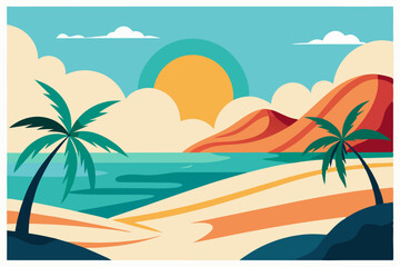 Tropical Beach Sunset with Palm Trees and Ocean Waves – Vibrant Vector Illustration