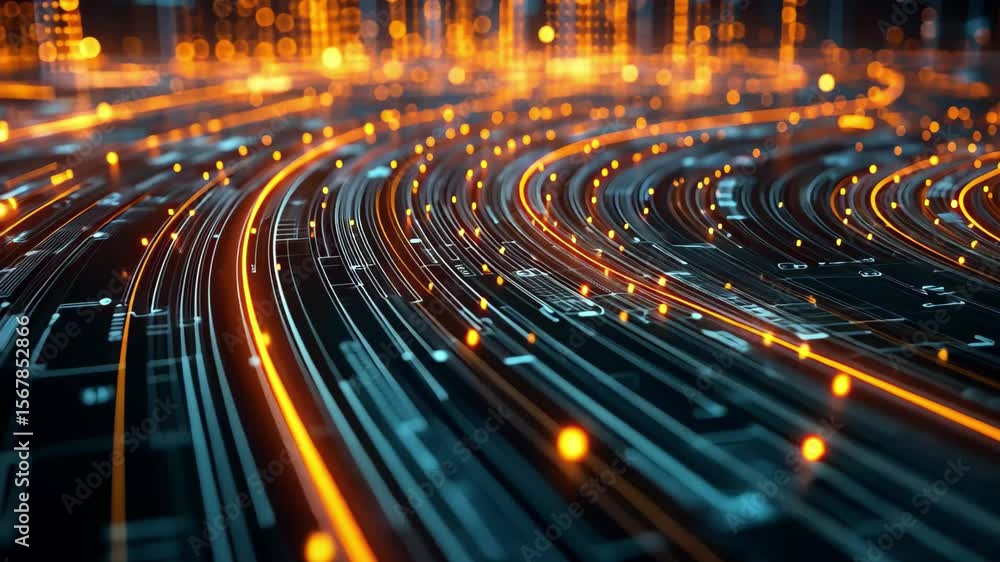 Aufkleber curved glowing neon lines create a futuristic data stream in a digital landscape at night, curved gl