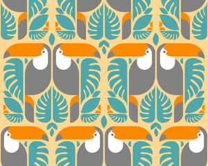 Toucan pattern seamless. tropical bird background. Toucans and Monstera texture