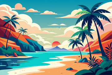 Tropical Beach Sunset with Palm Trees and Ocean Waves – Vibrant Vector Illustration