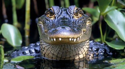 Alligator's intense stare. Close-up portrait of reptilian face, surrounded by water and foliage