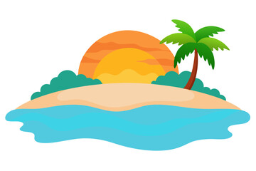 Tropical Beach Sunset with Palm Trees and Ocean Waves – Vibrant Vector Illustration