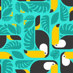 Toucan pattern seamless. tropical bird background. Toucans and Monstera texture