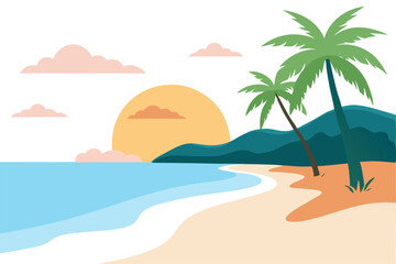 Tropical Beach Sunset with Palm Trees and Ocean Waves – Vibrant Vector Illustration