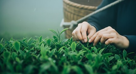 Hands Carefully Picking Fresh Green Tea Leaves A Tranquil Moment in Tea Plantation