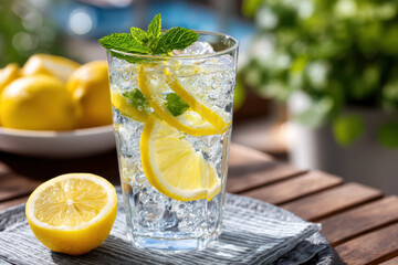 Refreshing lemonade served in a glass with mint and lemon slices on a sunny day