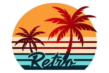Tropical Beach Sunset with Palm Trees and Ocean Waves – Vibrant Vector Illustration