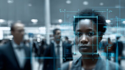 Ai driven facial recognition gate airport security with travelers interacting naturally modern terminal background and visible biometric data overlay in augmented view
