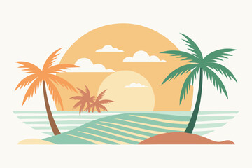 Tropical Beach Sunset with Palm Trees and Ocean Waves – Vibrant Vector Illustration