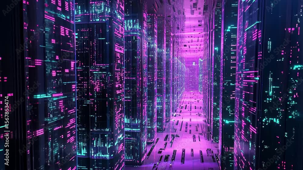Aufkleber Exploring a cyberpunk data corridor illuminated by vibrant binary code and futuristic architecture, Digital binary code Cyberpunk and hacking themed abstraction Seamless 3D render