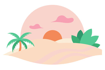 Tropical Beach Sunset with Palm Trees and Ocean Waves – Vibrant Vector Illustration