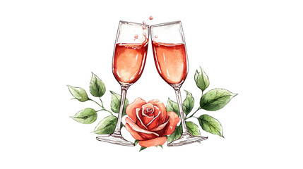 Celebratory champagne toasting glasses with a watercolor rose isolated on transparent background.