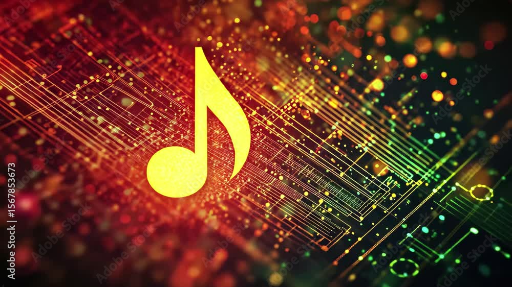 Poster vivid abstract representation of a central music note with colorful background, central music note i