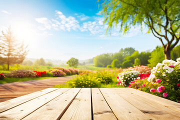 Rustic Garden Table Mockup with Blossoming Flowers and Windy Landscape