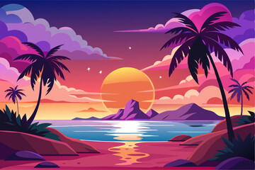 Tropical Beach Sunset with Palm Trees and Ocean Waves – Vibrant Vector Illustration