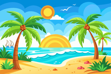 Tropical Beach Sunset with Palm Trees and Ocean Waves – Vibrant Vector Illustration