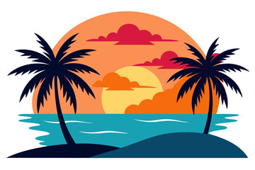 Tropical Beach Sunset with Palm Trees and Ocean Waves – Vibrant Vector Illustration