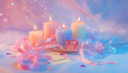 A playful pastel ritual scene glows with pink crystals, paper hearts, and tiny sparkles in a joyful, dreamy light.