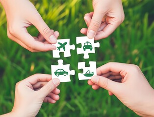 Hands assembling puzzle pieces with transportation icons on green grass background