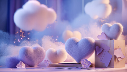 A dreamy love setup with cotton hearts and pastel clouds glows softly in lavender and misty blue light.