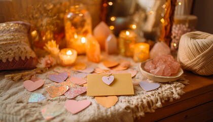 A cozy craft table glows with handmade love notes, ribbons, and crystals in warm pastel tones.