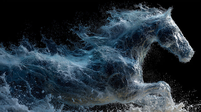 A rising ocean wave morphing into a galloping horse made of water