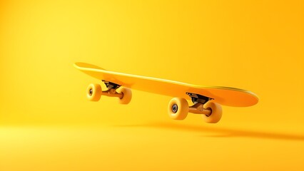A vibrant yellow skateboard captured at a dynamic angle against a gradient background with motion effects.