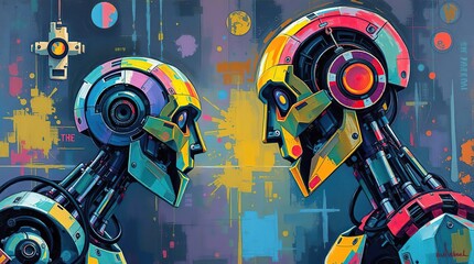Robots face each other in vivid colors