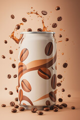 Coffee Can with Splashing Beans for Energy Drink Advertising and Beverage Branding Concepts