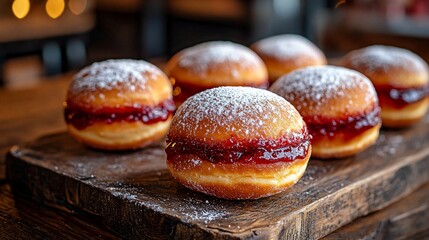 Close-up of sugared jelly donuts on a wooden board