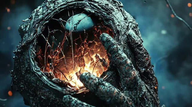 Person breaks through an alien cocoon in a dimly lit forest with glowing elements, Person Breaks Through Dirty Alien Cocoon