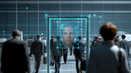 Ai driven facial recognition gate airport security with travelers interacting naturally modern terminal background and visible biometric data overlay in augmented view