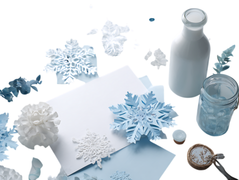  Winter Craft Table with Snowflake Cutouts and White Bottle on white background