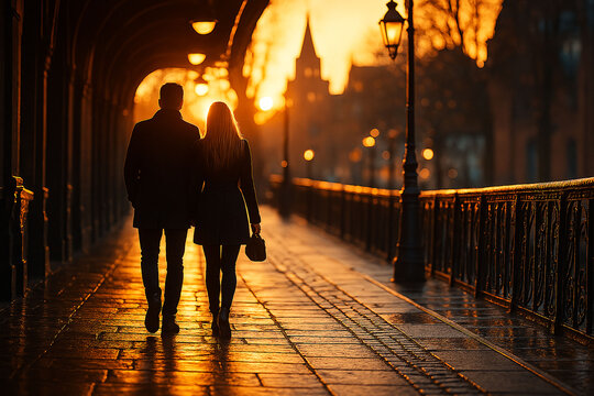 Romantic Sunset Stroll Silhouette Couple Walking Hand-in-Hand on City Bridge