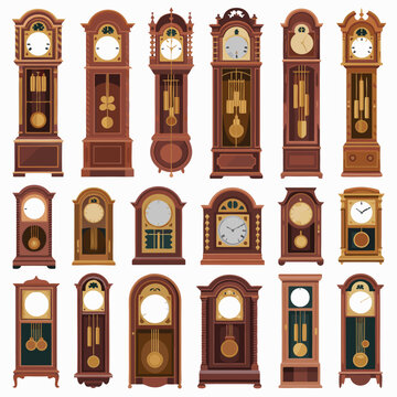 Grandfather clock vector featuring twenty antique clocks in a collectible style. Great for vintage decor or clockrelated designs.