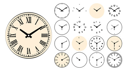 Fototapeta premium Grandfather clock vector with different clock face designs for vintagethemed projects. Perfect for watchmaking, interior design, or historical illustrations.