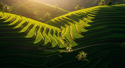 Golden Hour over Lush Green Rice Terraces A Breathtaking Aerial View of Nature's Masterpiece