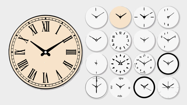 Grandfather clock vector with different clock face designs for vintagethemed projects. Perfect for watchmaking, interior design, or historical illustrations.