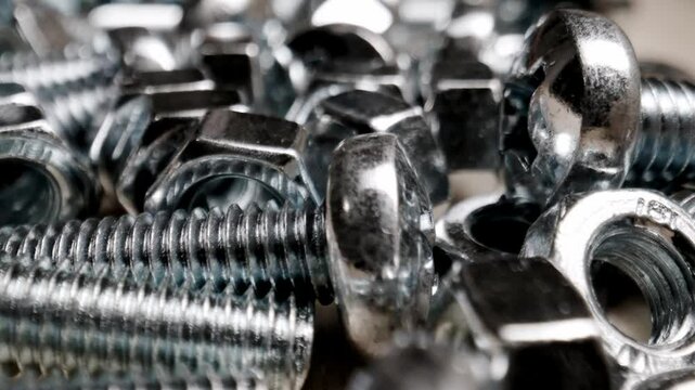 Macro shot of shiny metal bolts and nuts, highlighting the reflective surfaces and intricate details of the hardware.