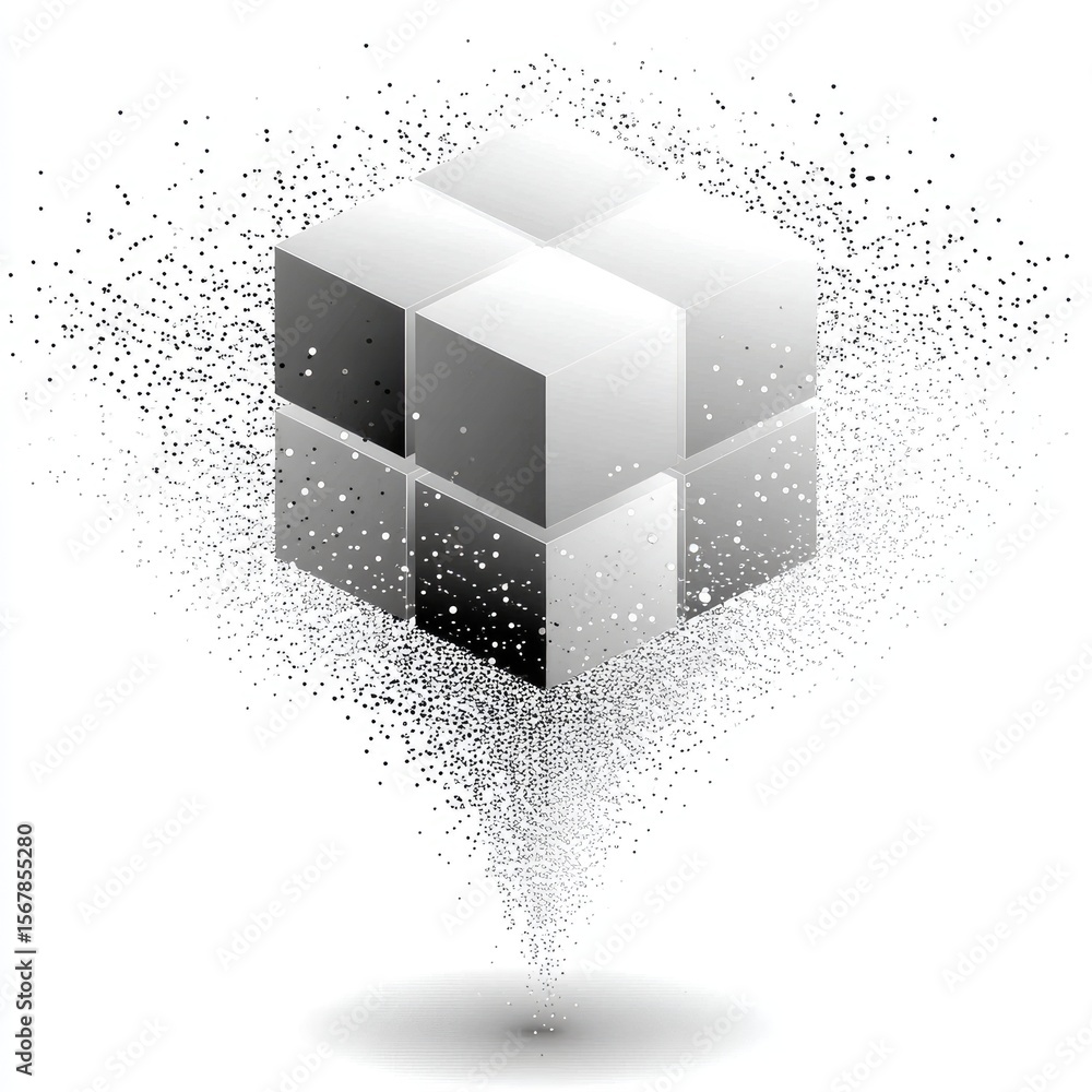Poster grey geometric cube disintegrating into dots and lines