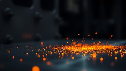 Abstract metal surface glowing with orange sparks against a dark industrial backdrop under directional lighting.