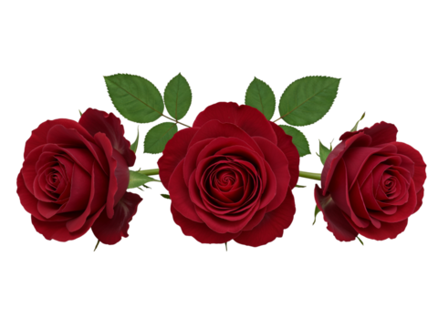 A horizontal line of vibrant red rose petals arranged closely together isolated on transparent background